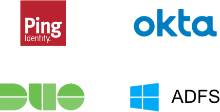 2FA company logos: Ping iD, Okta, Duo, Microsoft, ADFS